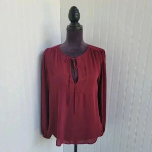 Rose Hippie Long Sleeve Keyhole Tie Burgundy Top Boho Size L